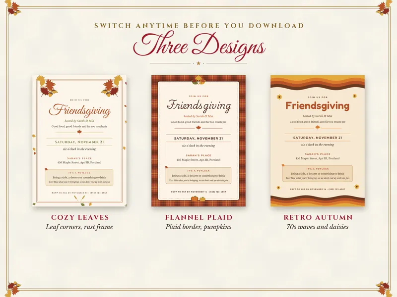 Editable Friendsgiving Invitation: three designs