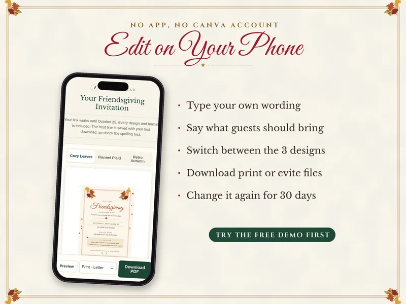 Editable Friendsgiving Invitation: edit on a phone