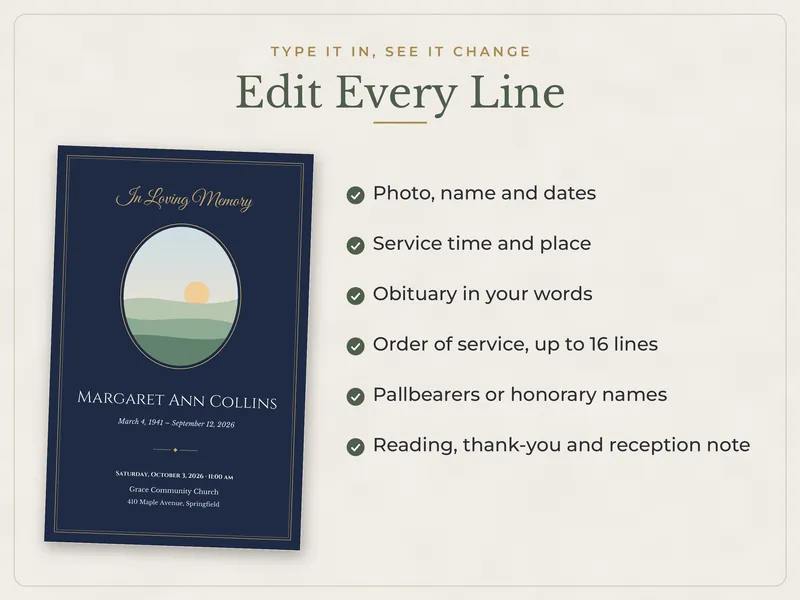 Editable Funeral Program: edit every line