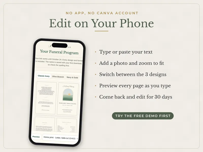 Editable Funeral Program: edit on a phone