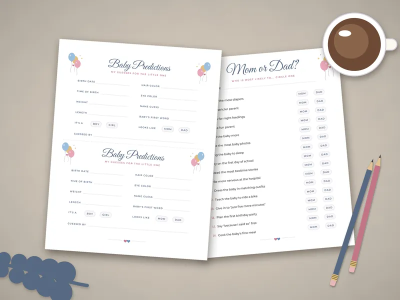 Gender Reveal Party Games Bundle: printed pages laid flat
