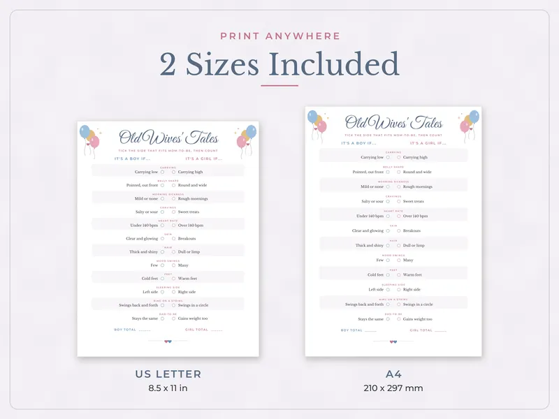 Gender Reveal Party Games Bundle: paper sizes