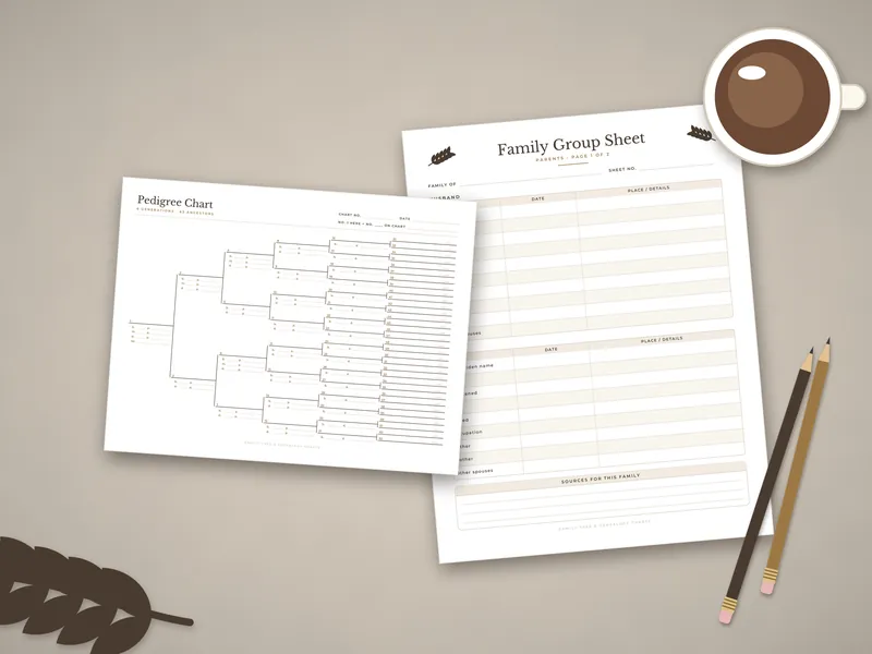 Family Tree & Genealogy Charts: printed pages laid flat