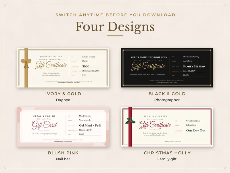Editable Gift Certificate: four designs
