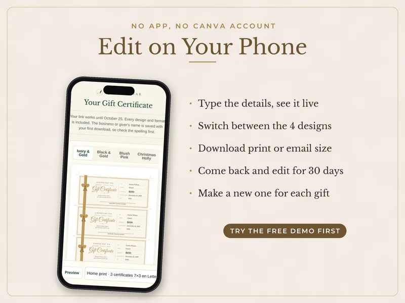Editable Gift Certificate: edit on a phone