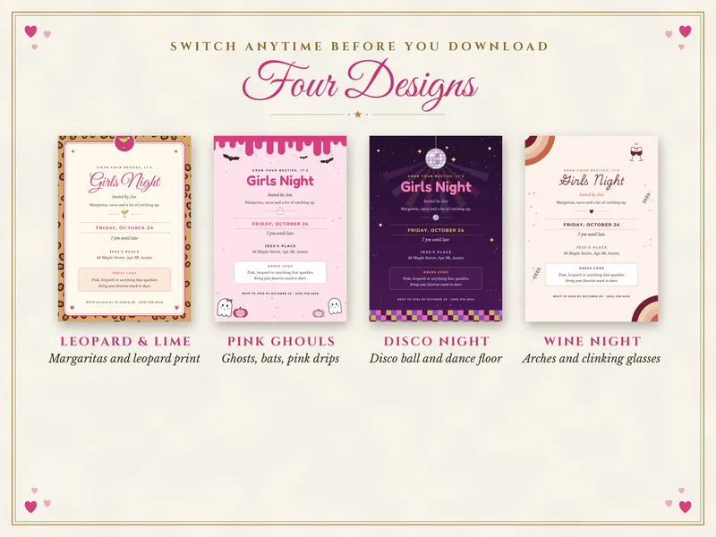 Editable Girls Night Invitation: four designs