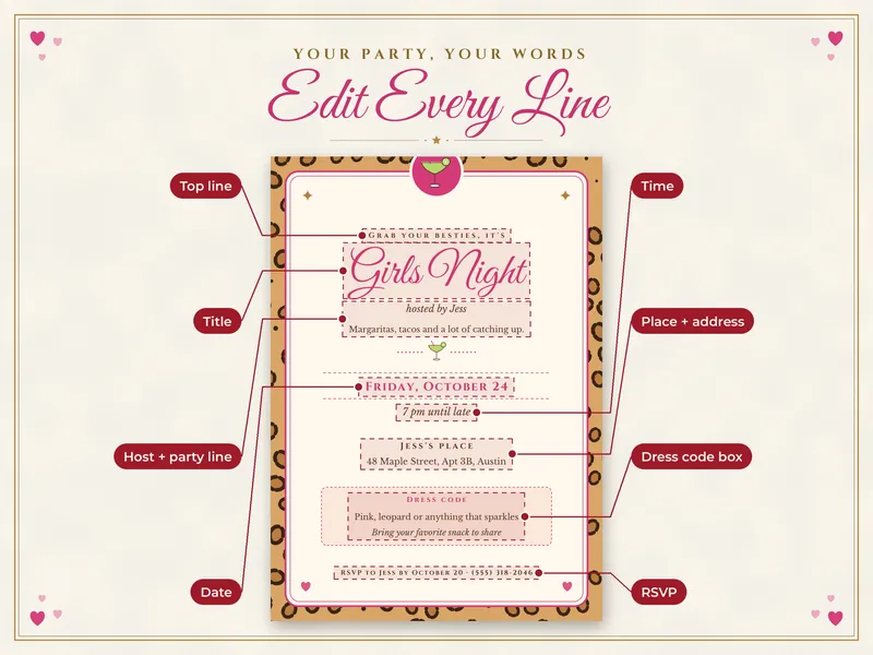 Editable Girls Night Invitation: edit every line