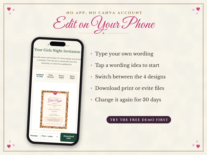 Editable Girls Night Invitation: edit on a phone