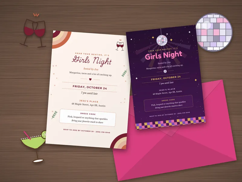 Editable Girls Night Invitation: printed pages laid flat