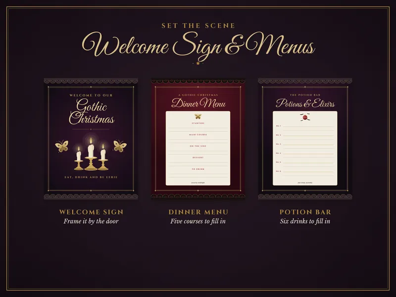 Gothic Christmas Party Kit: welcome sign and menus