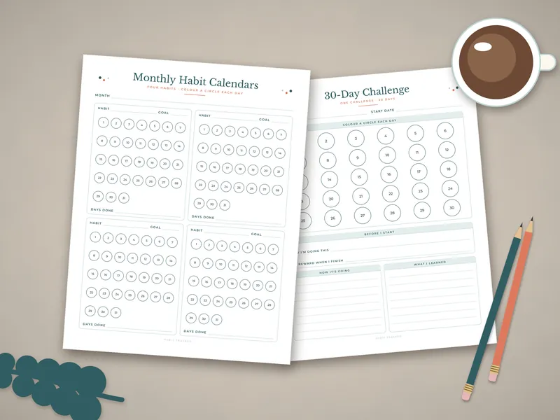 Habit Tracker Bundle: printed pages laid flat