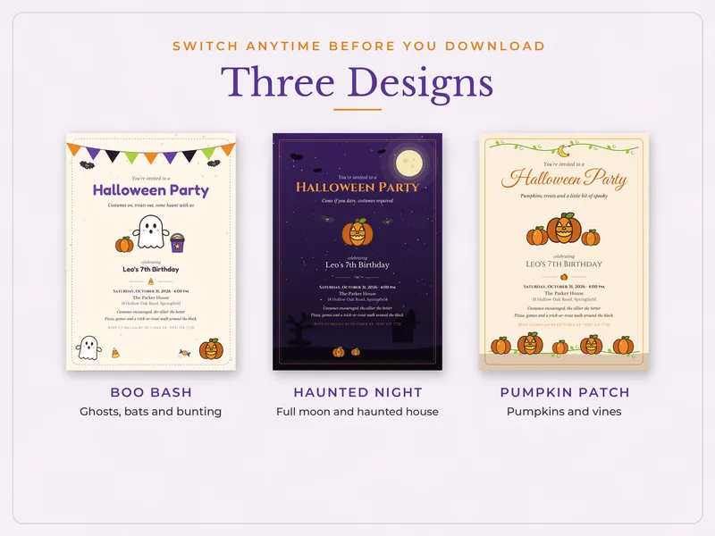 Editable Halloween Party Invitation: three designs