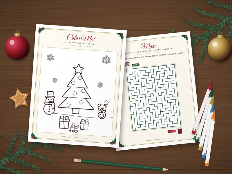 Christmas Activity Pack for Kids: printed pages laid flat
