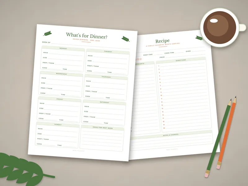 Meal Planner and Grocery List Binder: printed pages laid flat