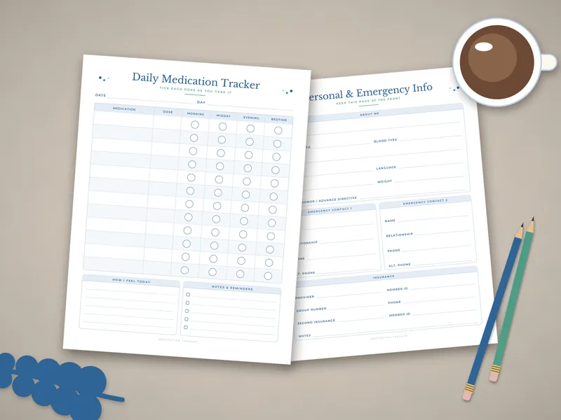 Medication Tracker and Health Binder: printed pages laid flat