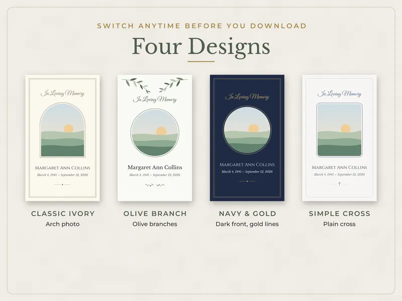 Editable Memorial Prayer Card: four designs