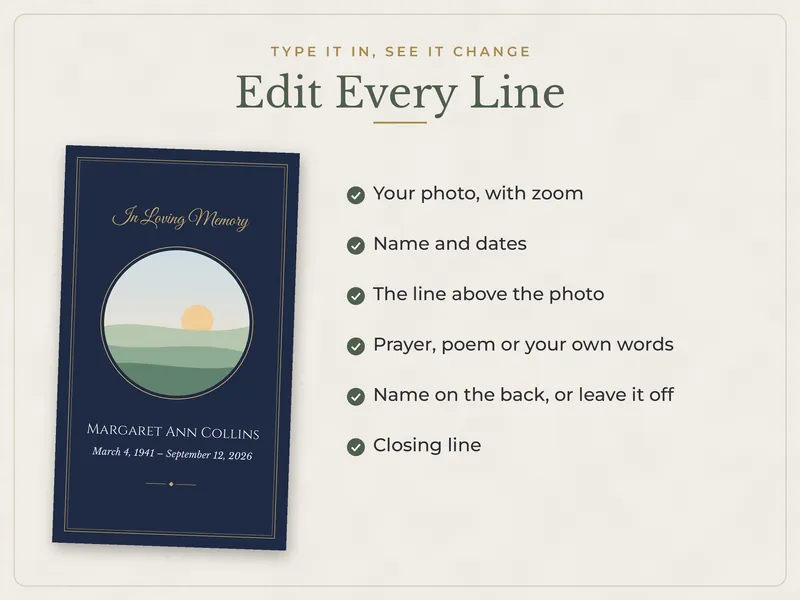 Editable Memorial Prayer Card: edit every line