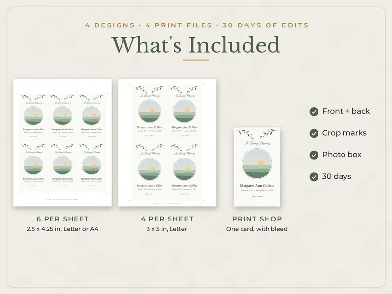 Editable Memorial Prayer Card: what's included