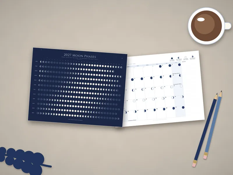 2027 Moon Phase Calendar: printed pages laid flat