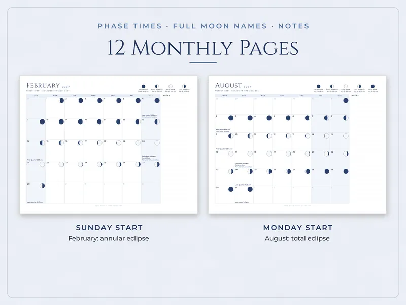 2027 Moon Phase Calendar: months