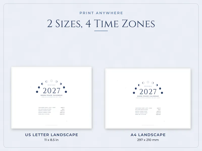 2027 Moon Phase Calendar: paper sizes