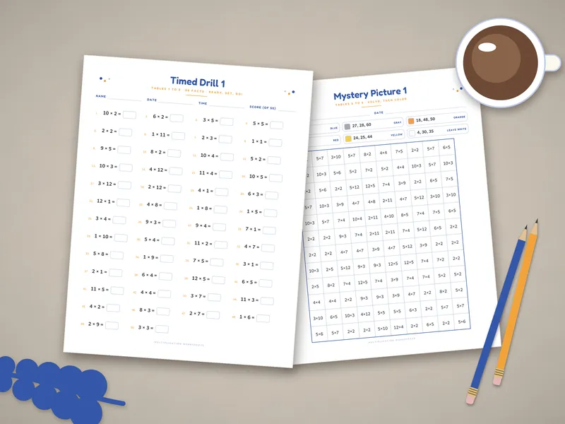 Multiplication Worksheets 1 to 12: printed pages laid flat