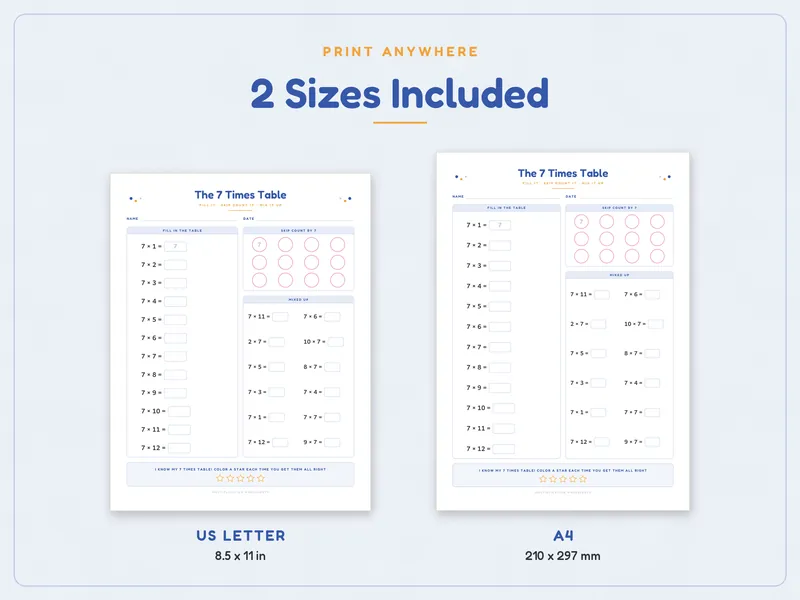 Multiplication Worksheets 1 to 12: paper sizes