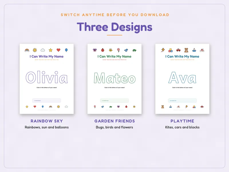 Personalized Name Tracing Worksheets: three designs