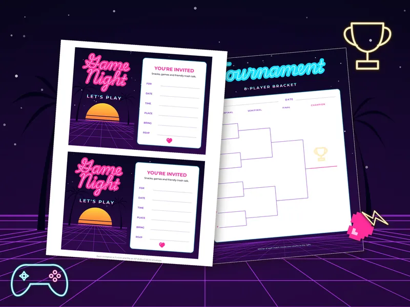 Neon Game Night Party Kit: printed pages laid flat