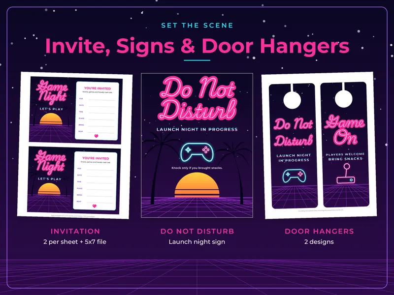 Neon Game Night Party Kit: invitation and signs