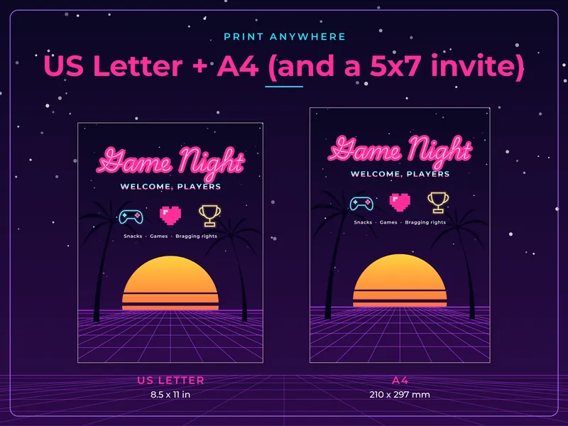 Neon Game Night Party Kit: paper sizes