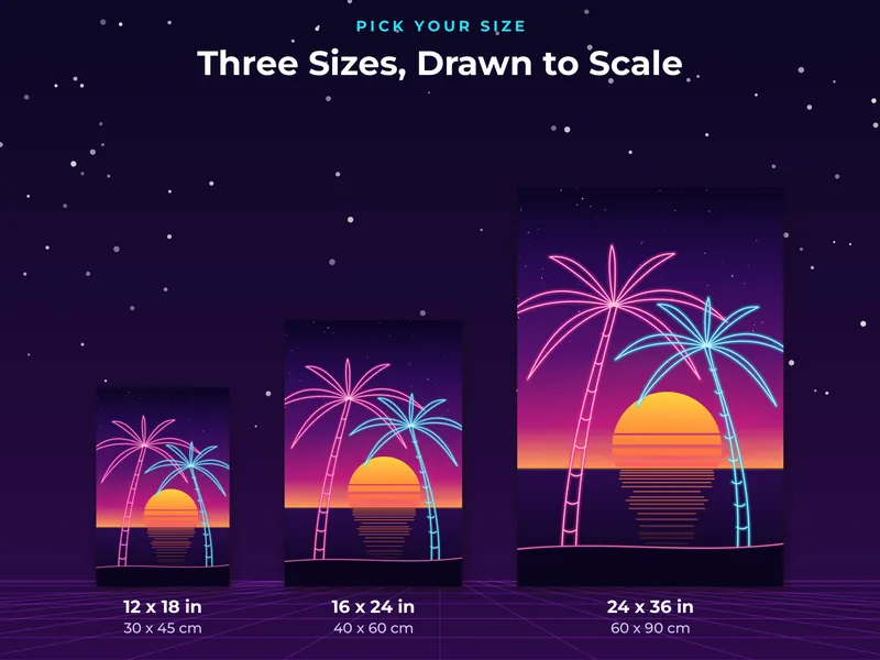 Neon Sunset Synthwave Poster: paper sizes