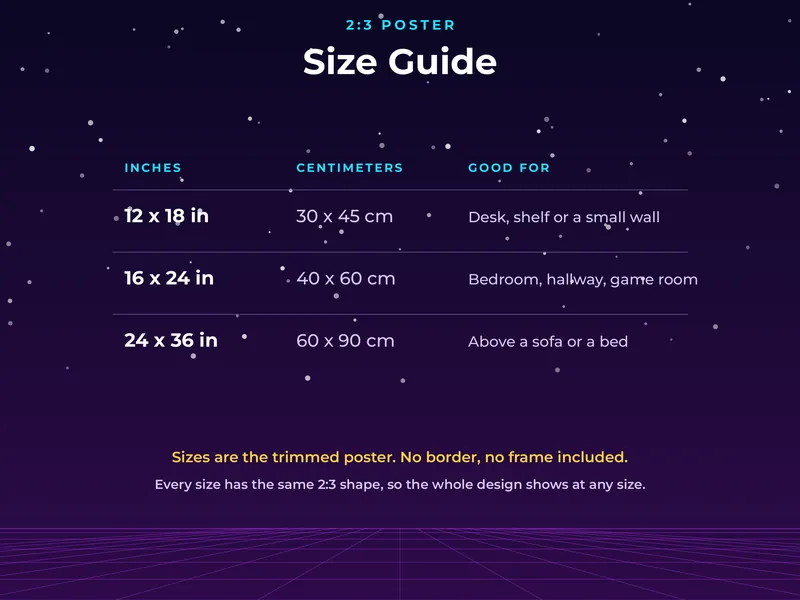 Neon Sunset Synthwave Poster: size guide