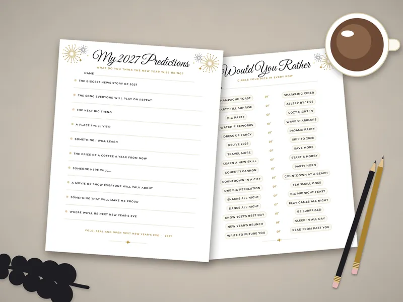 New Year's Eve Party Games 2027: printed pages laid flat