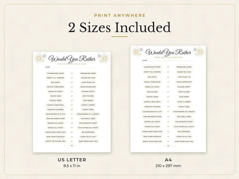 New Year's Eve Party Games 2027: paper sizes