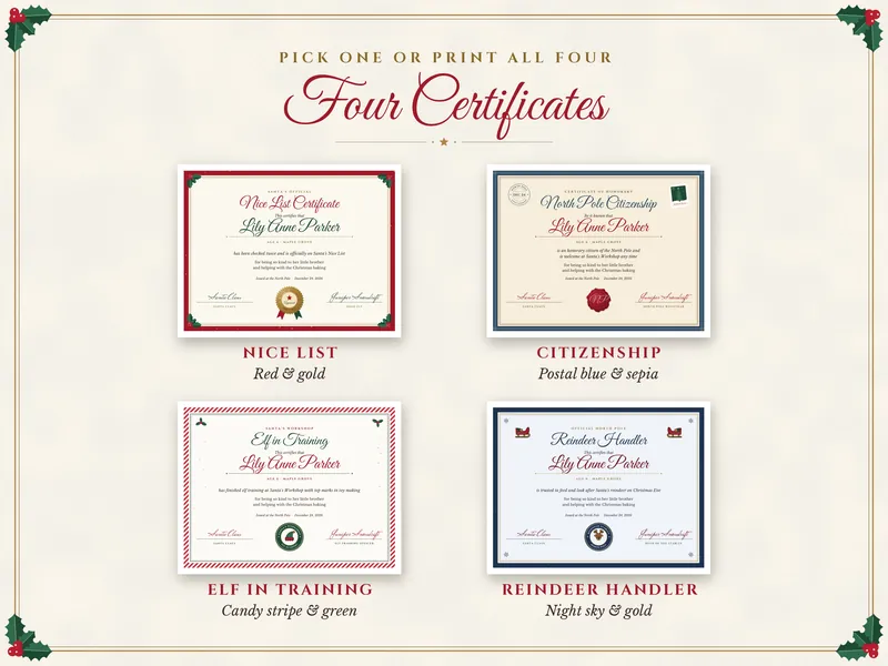 Personalized North Pole Certificate: four designs