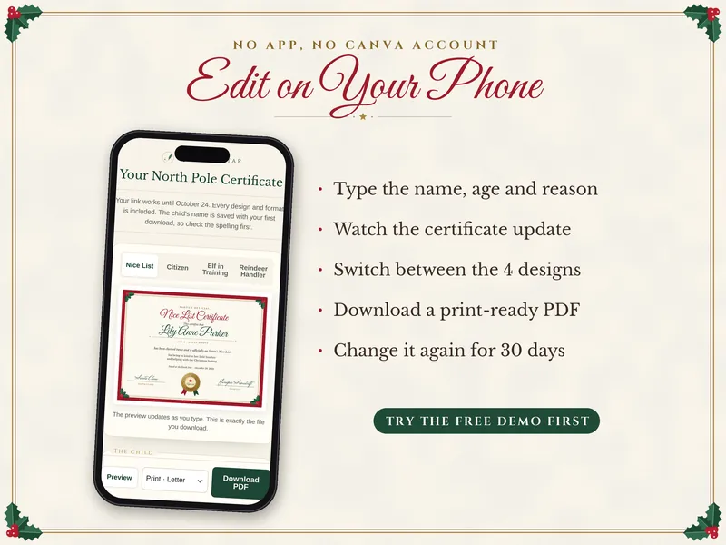 Personalized North Pole Certificate: edit on a phone