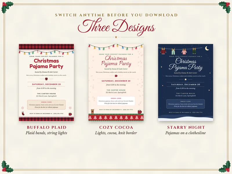 Editable Christmas Pajama Party Invitation: three designs