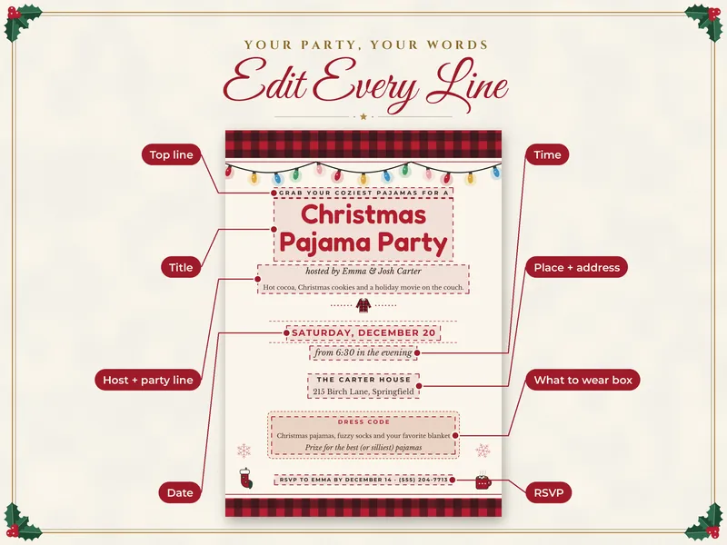 Editable Christmas Pajama Party Invitation: edit every line