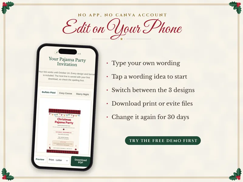Editable Christmas Pajama Party Invitation: edit on a phone