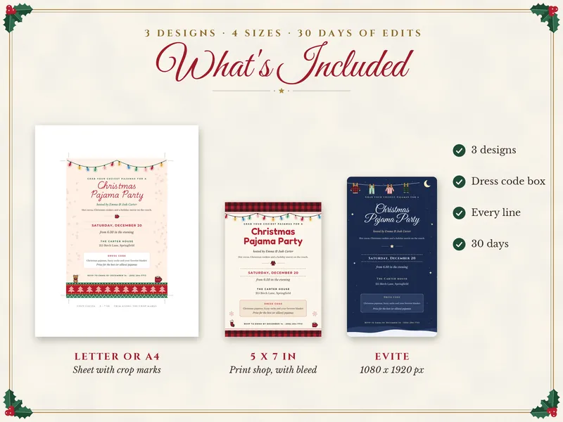 Editable Christmas Pajama Party Invitation: what's included