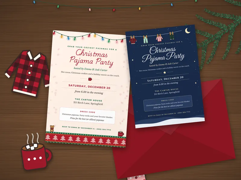 Editable Christmas Pajama Party Invitation: printed pages laid flat