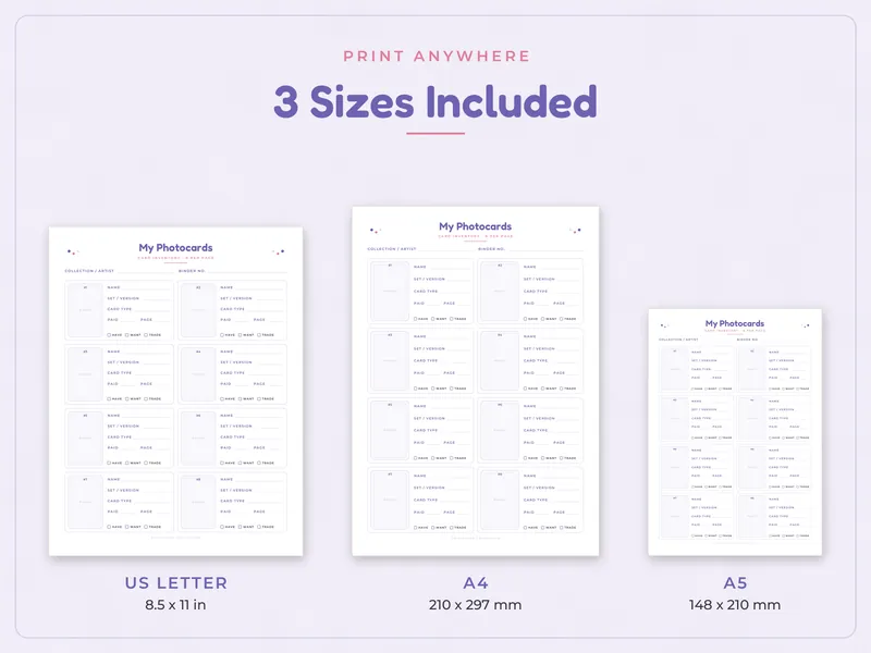 Photocard Collection Tracker: paper sizes