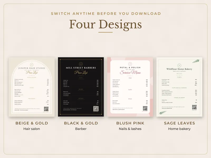 Editable Price List Template: four designs