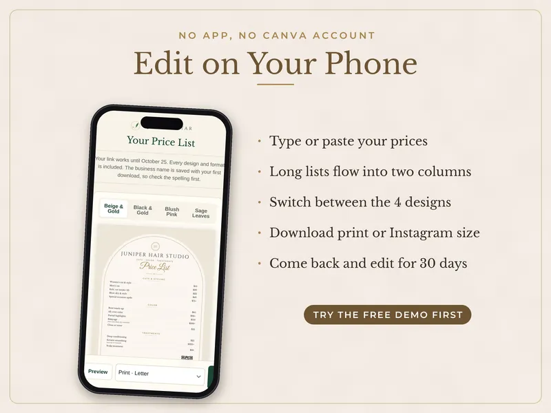 Editable Price List Template: edit on a phone
