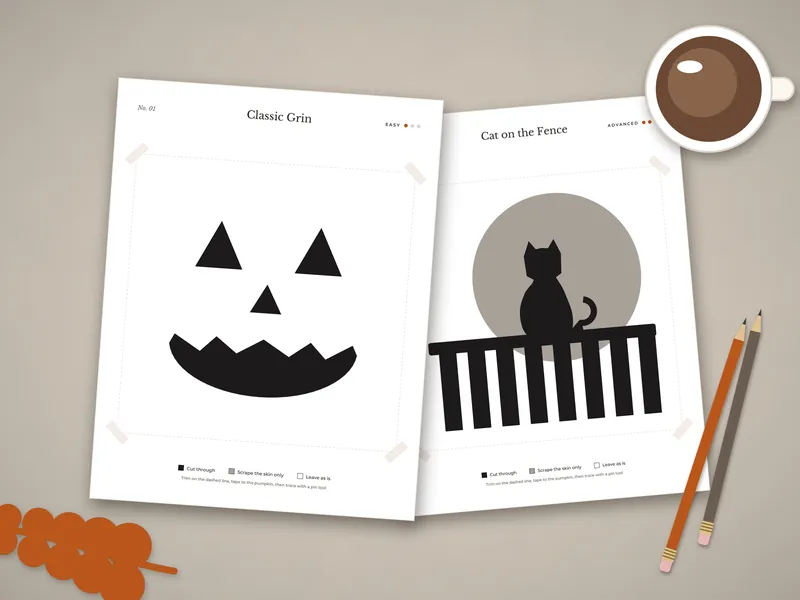 Pumpkin Carving Stencils: printed pages laid flat