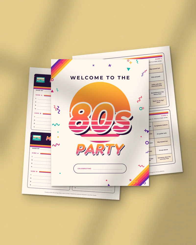 80s Retro Party Kit: printed pages fanned out