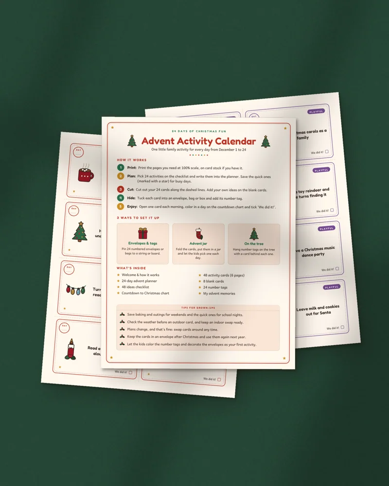 Kids Advent Activity Calendar: printed pages fanned out