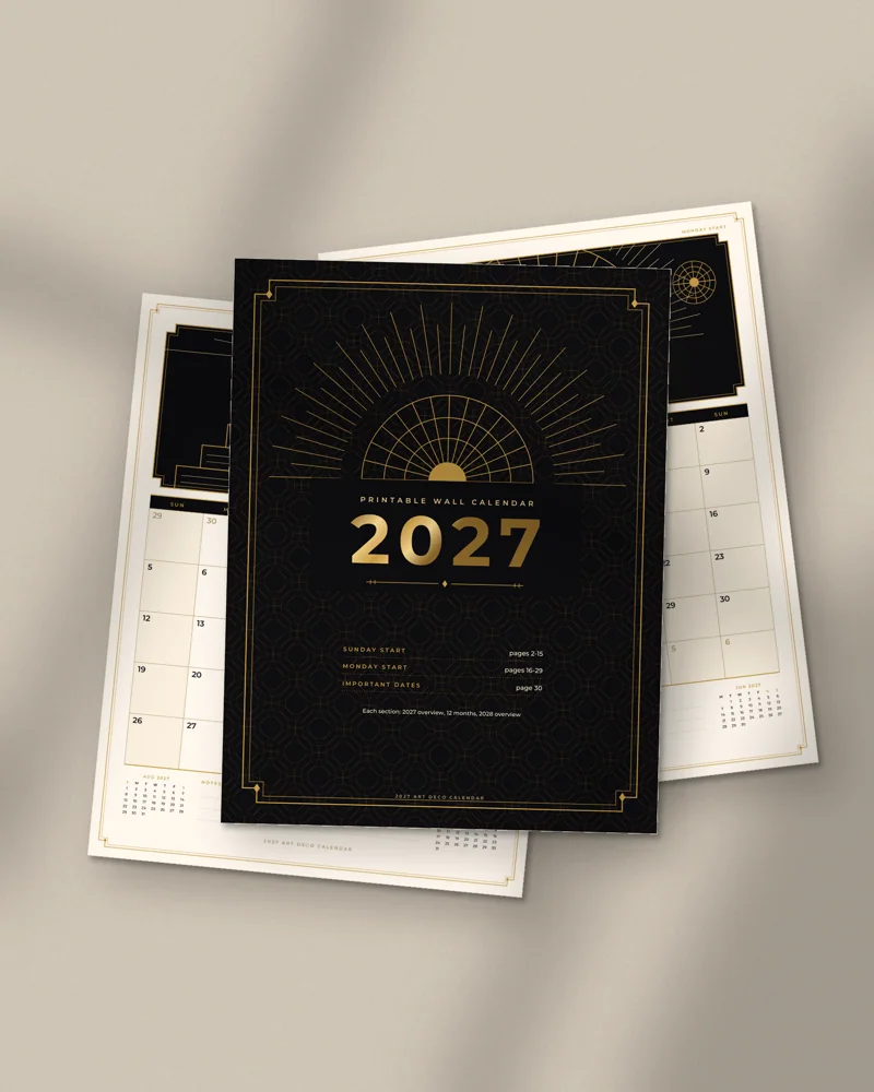 2027 Art Deco Calendar: printed pages fanned out