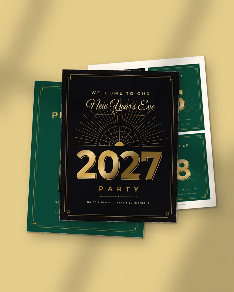Art Deco New Year's Eve Party Kit: printed pages fanned out